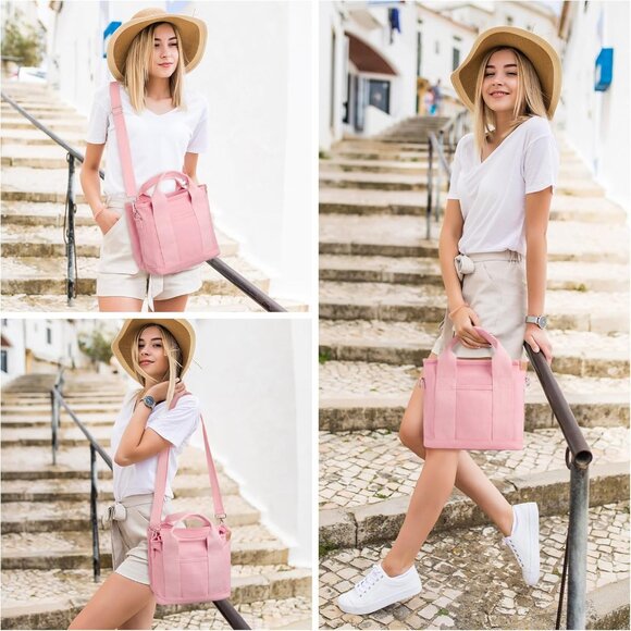 Women's Pink Canvas Tote Bag With Multi Pockets Mini Shoulder Bags With Zipper - Picture 6 of 6